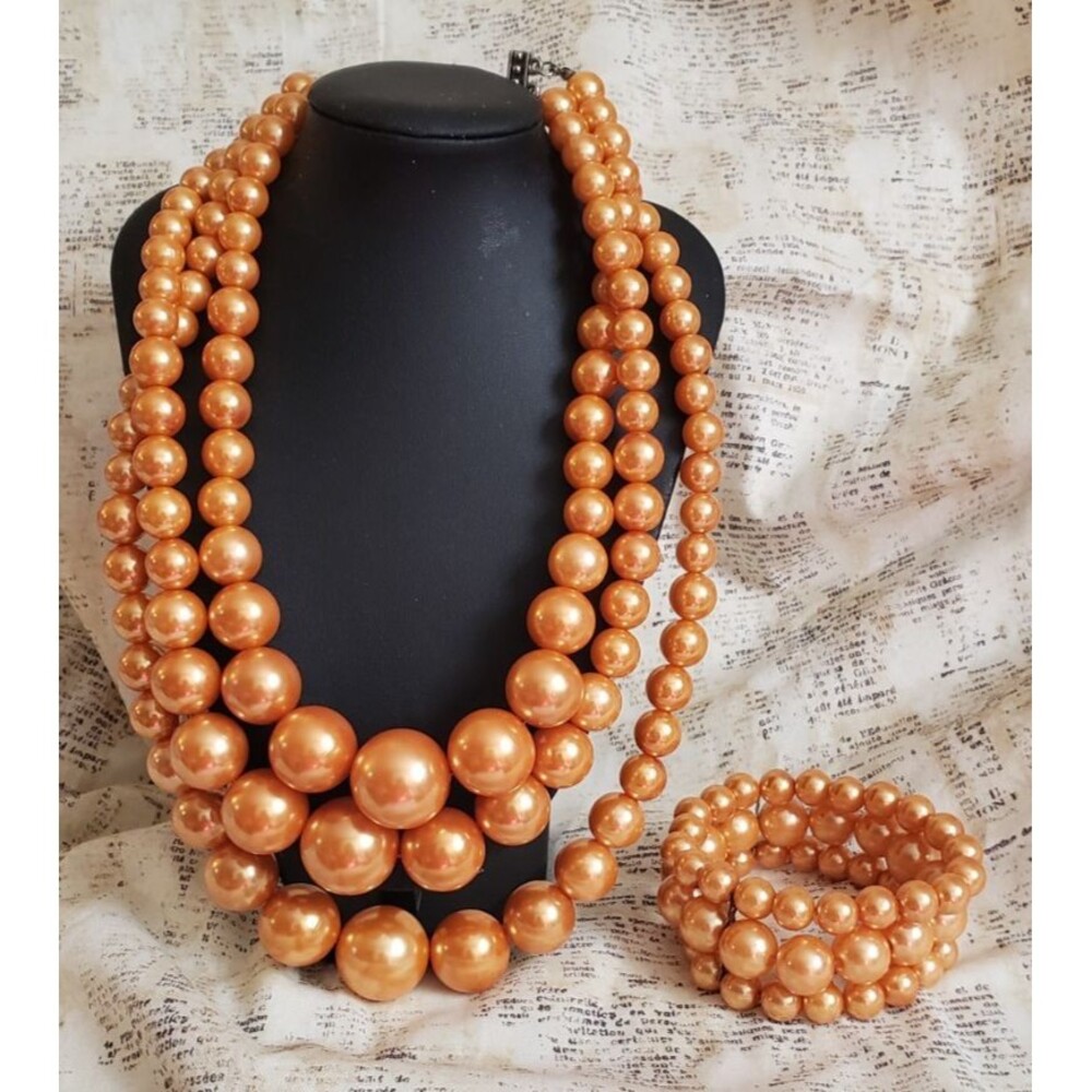 Graduated Faux Pearl Statement Necklace & Bracelet Homecoming, Formal, Old Money
